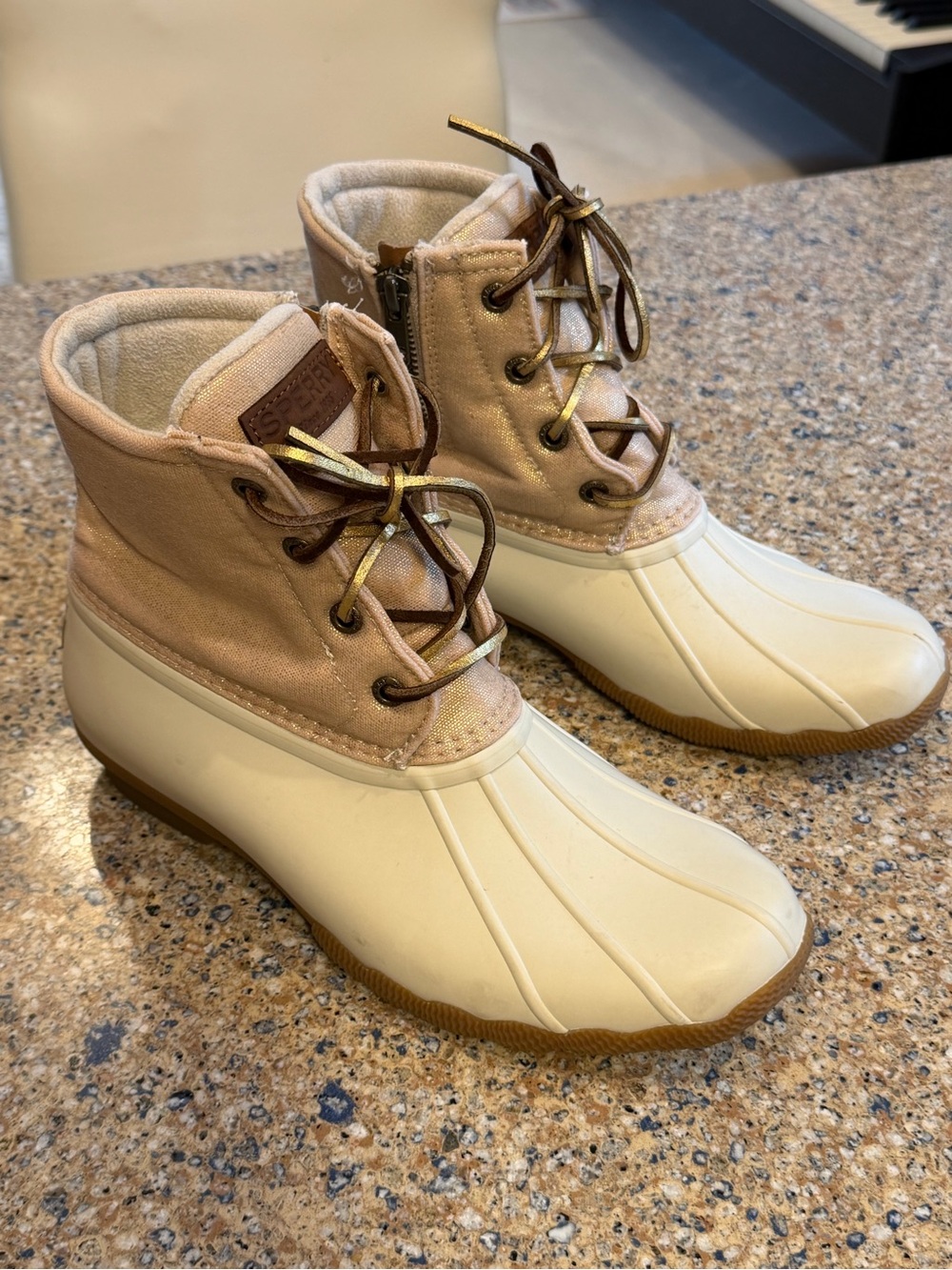 Women's Beige and Cream and Gold Sperry Duck Boots - Lace-Up Waterproof Size 7.5